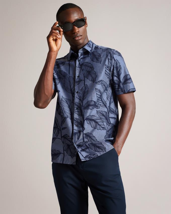 Chemises Ted Baker Short Sleeve Leaf Print Bleu Homme | LWG-90972334